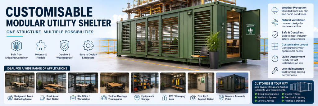 Customisable modular utility shelter made from a repurposed shipping container for offshore, marine and industrial applications, including crew rest areas, site offices, designated smoking areas, storage and muster points.