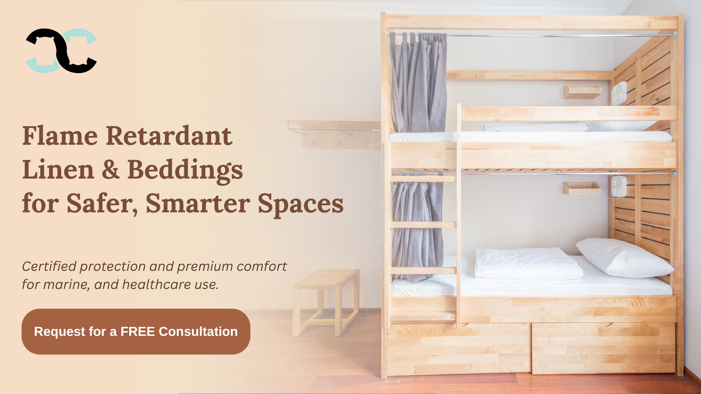 Cuddles Singapore flame retardant bedding and bunk bed curtains in natural wood room setting. Safe and premium flame retardant linens for marine, healthcare, and hospitality use